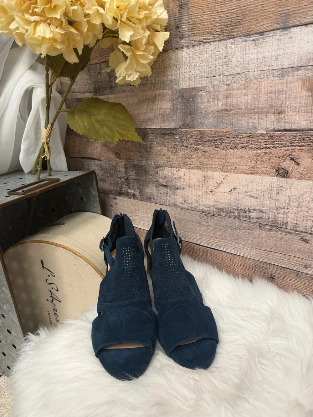Bella Vita Navy Suede Cutout Ankle Booties